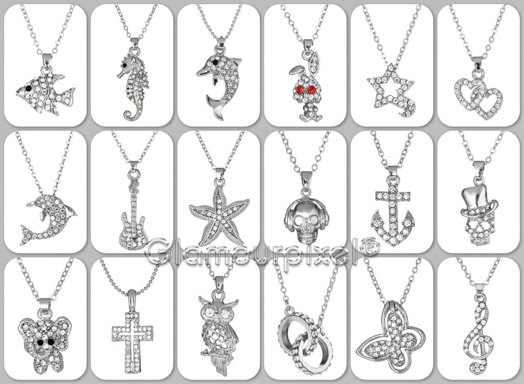 Schmuckfotografie Collage von Modeschmuck Halsketten in silber mit Anhänger