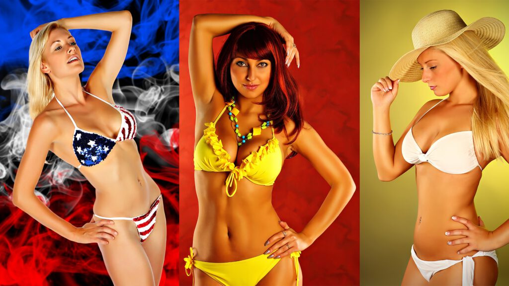 Modefotografie Bikinis von sexy Frauen getragen