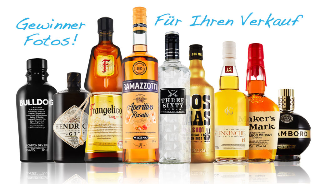 Foto von Produkten mit Glasflaschen auf weißem Hintergrund